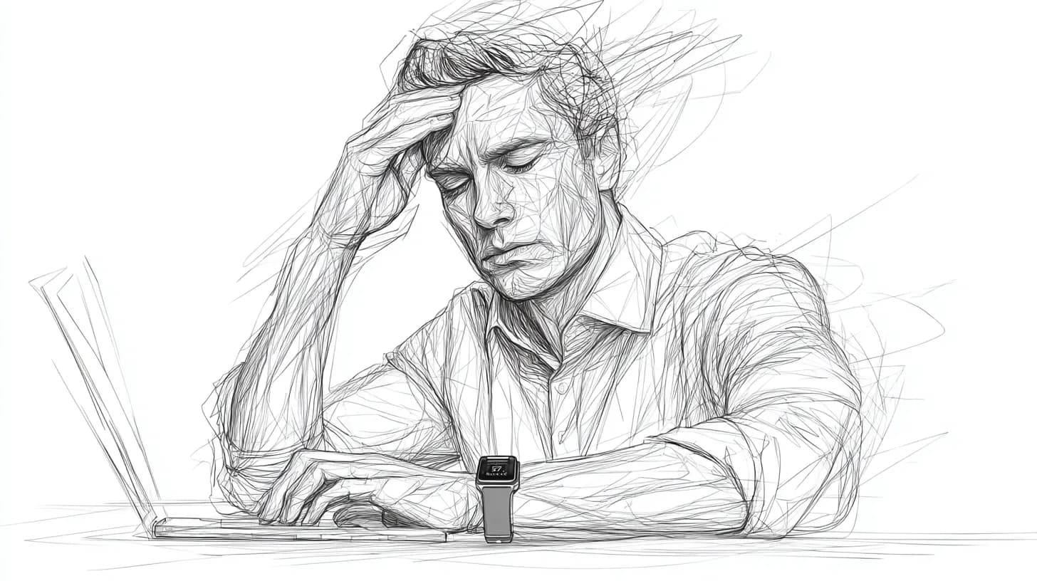 Stressed man at a laptop, hand on forehead, wearing a smartwatch.