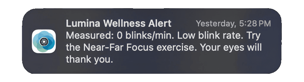 Lumina wellness alerts: blink rate, posture nudge, and desk stretch reminders