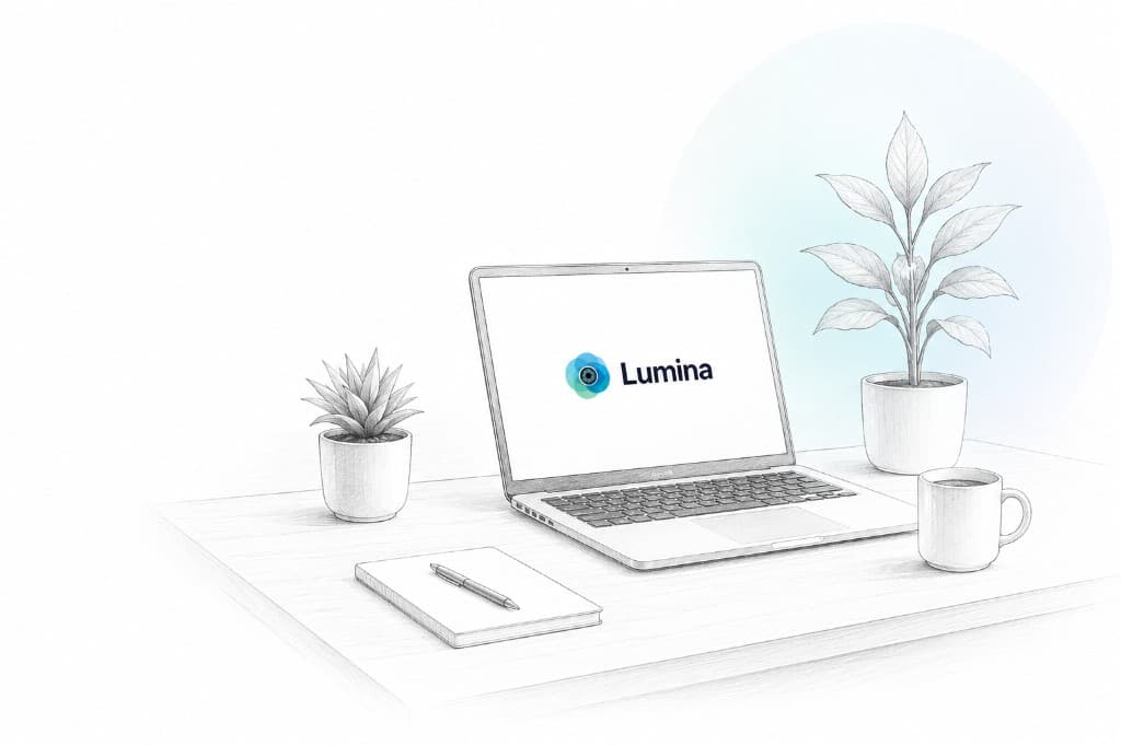 Soft sketch-style workspace with laptop, plants, and desk accessories