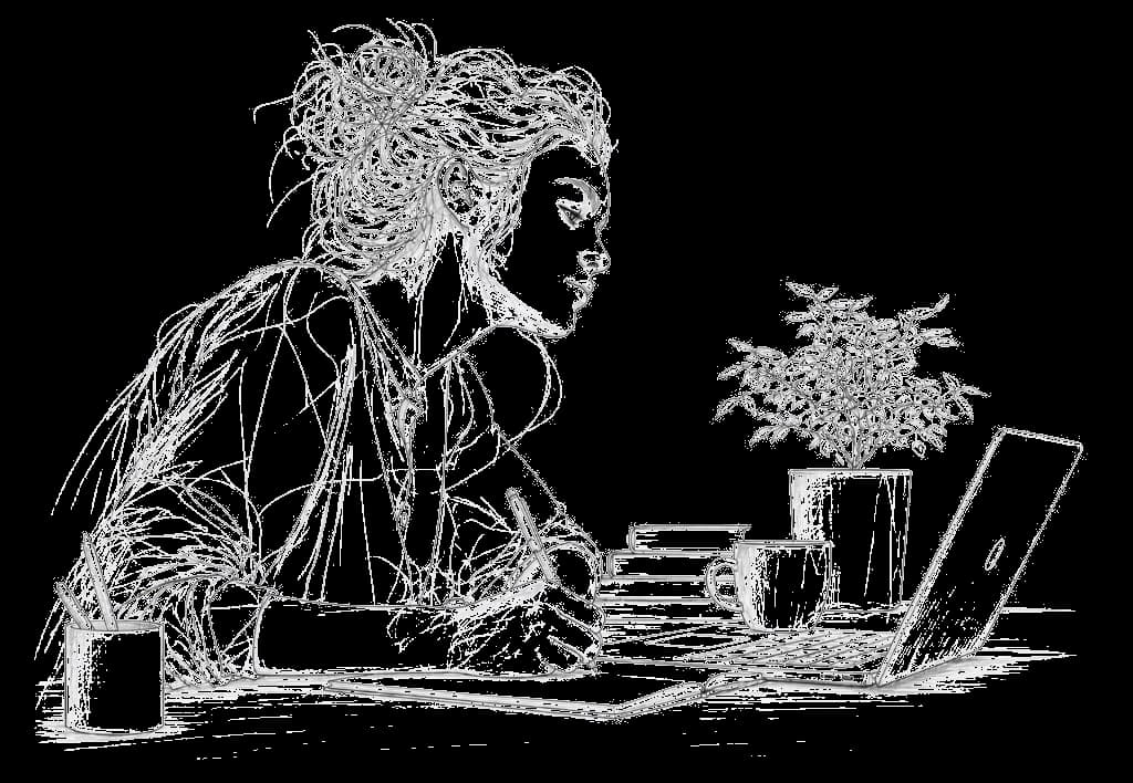 Sketch of a professional working at a laptop and writing notes